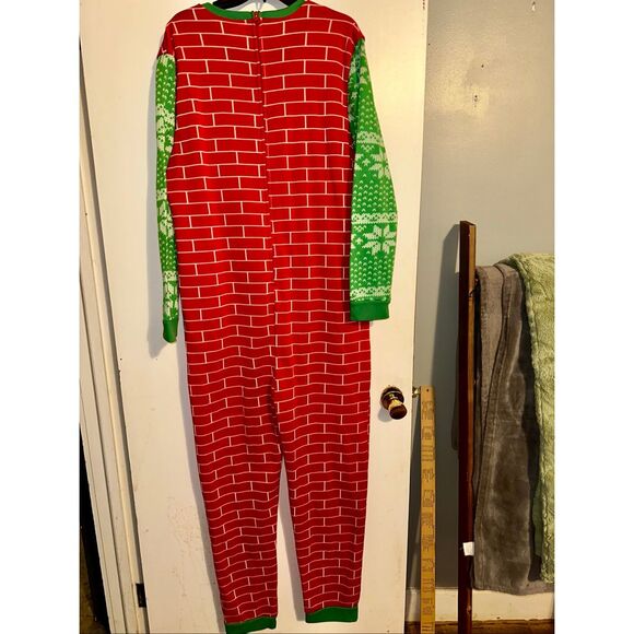 Christmas Pajamas One Piece Zip Suit Light Chimney Stockings Adult Large Red ugl - Picture 6 of 7